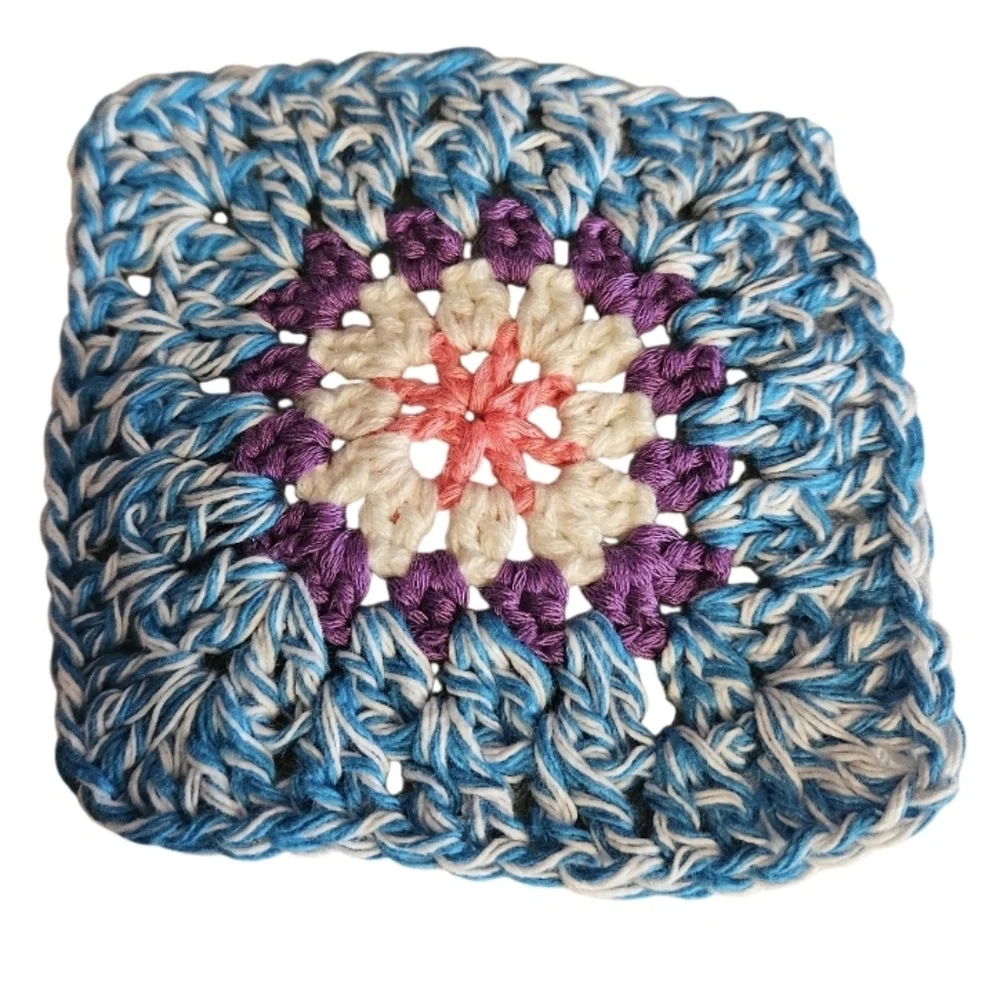 Handmade Turquoise Marl Crochet Granny Square 4-pc Coasters Set 100% Cotton
